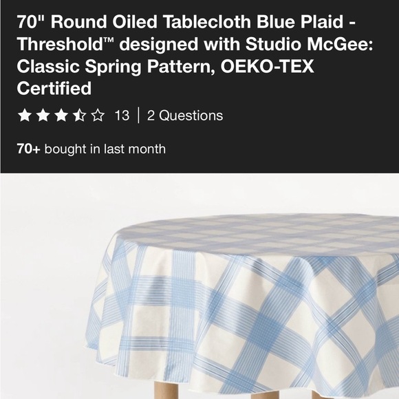 NWT 70" Round Oiled Tablecloth Blue Plaid - Threshold designed with Studio McGee - Picture 4 of 4